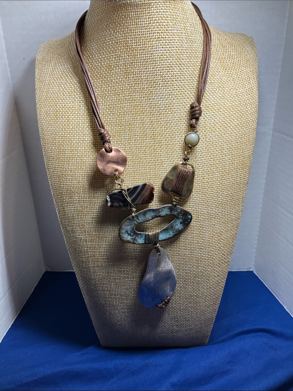Boho Mixed-Metal Statement Pendant Necklace in Copper and Blue